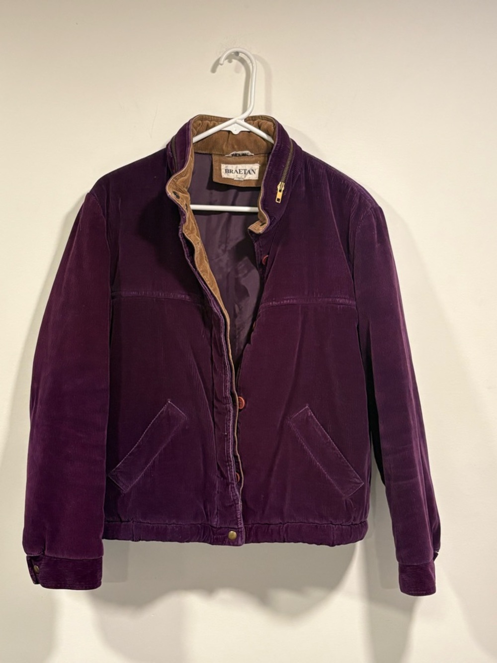 Vintage Braetan Purple Corduroy Bomber Jacket with Tan Collar